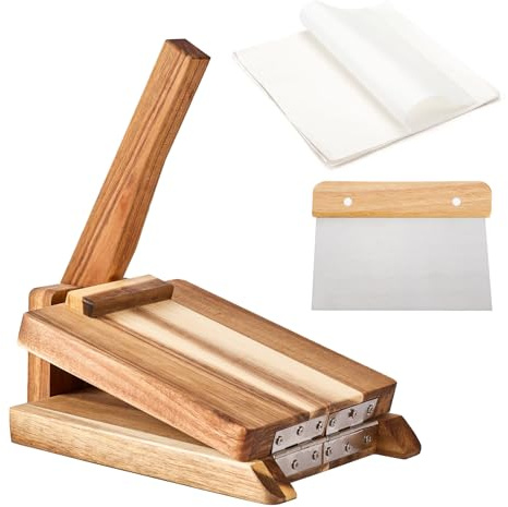WGLILO Wooden Tortilla Press with 50pcs Parchment Paper & Stainless Steel Dough Scraper, Large Mexican Square Flour Tortillera Presser Homemade for Tortillas Roti Burrito, Tacos, Pataconera, 8 inch