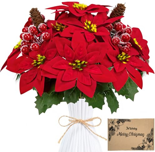 Woltoy 4 Pezzi Stella Di Natale Artificiale,Contiene 20 Fiori Natalizie, Dotato Bacche E Pigne, Datto per Il Natale E Decorazioni Domestiche