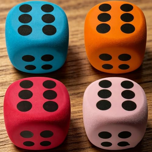 YouthLoxus 4 Pcs Large Foam Dice, 6cm Round Edge Jumbo Stress Relief, Colorful Sphere Dice for Classroom Games, Math Teaching, Kids Party Activities (Red, Pink, Orange, Blue)