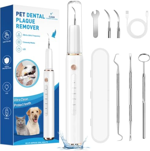 LIAVOP Zahnreiniger für Haustiere, Zahnsteinentferner Zahnreinigung Set, 5 einstellbare Modi 4 austauschbare Köpfe, IPX6 wiederaufladbar Ultraschall Zahnsteinentferner für Hunde Katzen