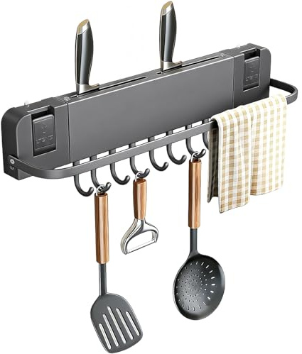 Luabue Support Ustensiles Cuisine 40cm Barre de Cuisine Ustensile | Support Ustensiles Cuisine sans Perçage Avec Ventouse Range Couteau Mural 8 Crochets 10 kg Capacité pour Louches Pots