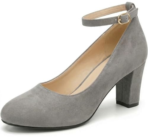 Womens Ladies Block Heel Ankle Strap Work Court Evening Dress Girls Shoes Pumps UK Size 3-12 (11 UK, Grey Suede)