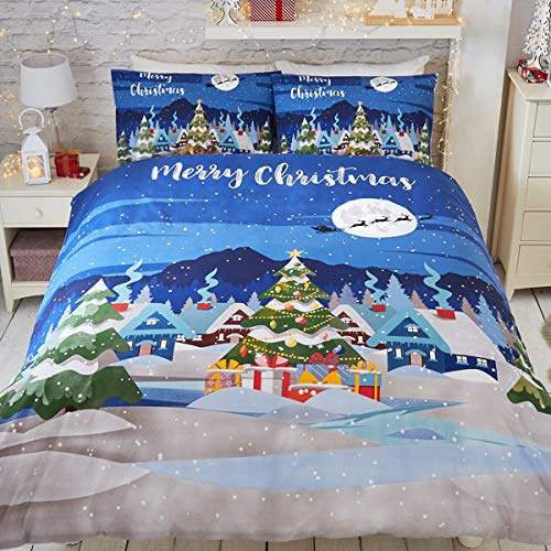 Bedlam Glow in the Dark Christmas Duvet Cover – Double (200x200cm) – Snow Village & Tree Print – Festive Bedding Set with 2 Pillowcases – Xmas Quilt Cover – Soft Winter Decoration