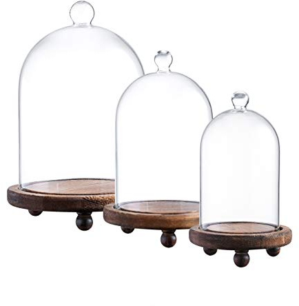 KMwares 3pcs Glass Bell Shape Dome Set (5.7/4.9/4.3) | Cloche Display with Wood Base | Empty Domes, Not Included Decorations
