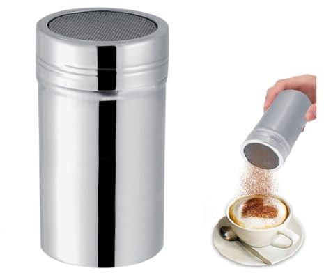 Nikou Puderzuckerstreuer, Mehlstreuer Edelstahl Pulverstreuer Rostschutz Kakaostaub Puder Shaker Schokolade Puderzucker Shaker Sifter für Backen und Kochen, Pfefferstreuer Leicht zu Reinigen(L)