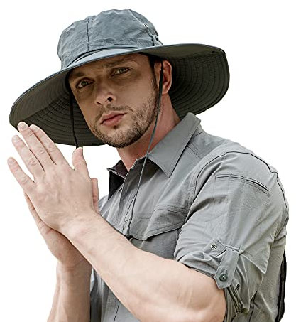 ZLYC Unisex Breite Krempe Sonnenhut UV Schutz Safari Hut Boonie Hut Atmungsaktiv Sommerhut Fischerhut (Plain Grau),Einheitsgröße