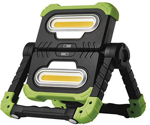 EMOS LED Pieghevole, Luce da Lavoro Girevole a 360° con Supporto, Super Luminoso 2000 lm Faro Portatile a Batteria per l’edilizia, Ricaricabile USB 8000 mAh, Portata 70 m, Verde/Nero