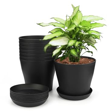 KINGLAKE 8 Stück 14cm Blumentöpfe Pflanztöpfe Klein, übertopf Pflanztopf Anzucht Plastik mit Untersetzer, Blumentopf Kunststoff Set, Topf Kleine Flower Pot für Pflanzen Kakteen Sukkulenten-Schwarz