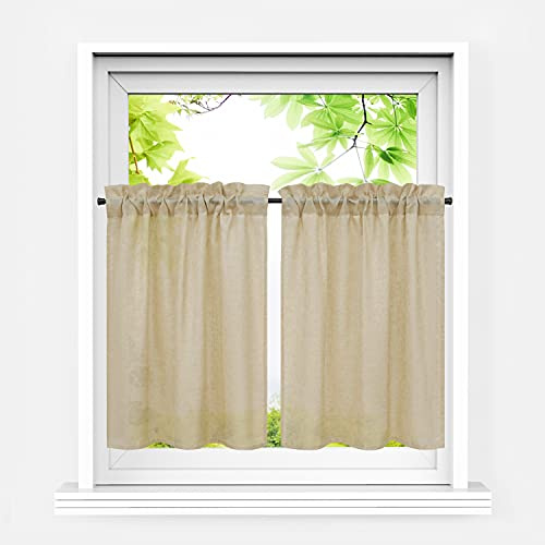 HeichkelL Scheibengardinen 2er Set Kurzstores, Braun BxH 76x61 cm*2 | Landhausstil Halbtransparente Bistrogardine, Leinenoptik Kleinfenster Gardinen Küche