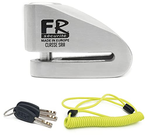 FR SECURITE FR110S Bloccadisco Moto Omologato SRA, Doppia Serratura ø10mm, Serratura in Acciaio Inossidabile Alta Sicurezza, Cavo Promemoria, Lucchetto Antifurto Moto Pinza Scooter, Bicicletta