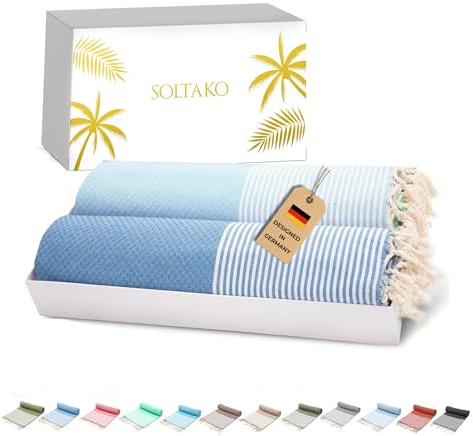 SOLTAKO Fouta Hamamtuch Santorini, 2er Set, Himmelblau/Denim-Blau, 100x200cm, Strandtuch Saunatuch Yogatuch Reisehandtuch aus 100% Baumwolle, Geschenkset