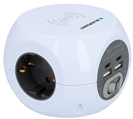 Blaupunkt Enchufe de 3 enchufes USB A + 2 Puertos USB C con Interruptor de Encendido/Apagado con Carga inductiva, Color Blanco, 1,4 m