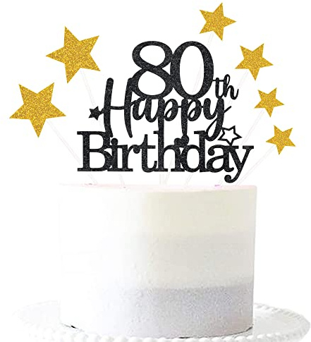 Pargleev Black Gold 80th Birthday Cake Topper with Glittery Stars | 7-piece Black Gold 80th set: 1 glittery 'Happy Birthday' topper + 6 star cupcake toppers; just place on the cake