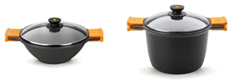 BRA Efficient - Sartén Wok/cacerola cóncava 28 cm, con tapa de cristal, asas de silicona & Efficient - Olla alta con tapa de cristal y asas de silicona, 6.8 litros, 24 cm, Color Negro