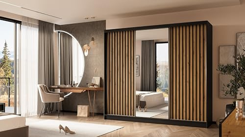 ALTDECOR Kleiderschrank mit Spiegel und Schiebetüren, kugelgelagerte Führungsschienen und Aluminium-Leisten - LAMELO - 240 cm Schwarz + Artisan + Schwarz