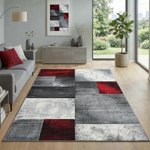 Carpetsale24 Teppich 140x200 cm Kurzflor Konturenschnitt in Rot Grau Weiß Kariertes Design, Waschbar, Pflegeleicht, Extra Weich Für Wohnzimmer, Schlafzimmer, Esszimmer