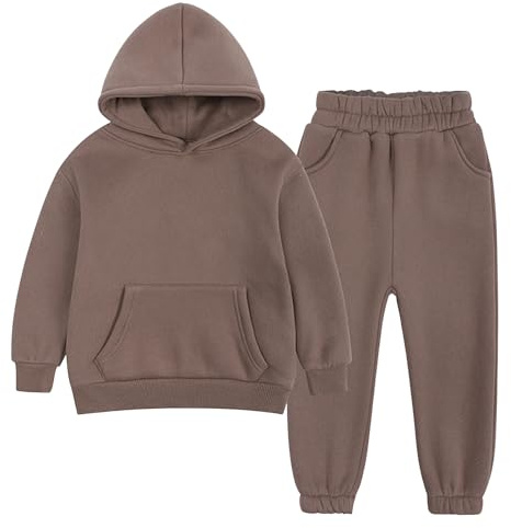 LAEMILIA Conjunto de sudadera con capucha y pantalones deportivos para niños y niñas, de forro polar, 2 piezas, para niños de 2 a 7 años, marrón, 3-4 años