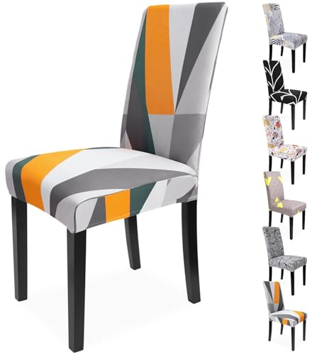 Zindoo Stuhlhussen 6er Set Stretch Stuhlbezug mit Modernem Farbblock-Design | Orange-Grau,ideal für Küche, Esszimmer, Hochzeit, Familie Dekoration usw, abnehmbar, waschbar, mit elastischen Fixierbändern