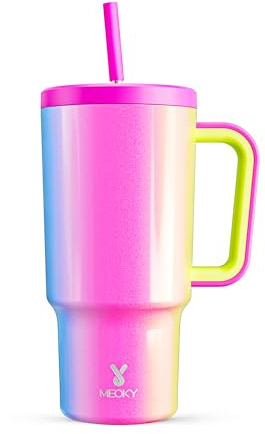 Meoky 30 oz Tumbler with Handle, Tumbler with Lid and Straw, Insulated Stainless Steel Travel Mug, 100% Leak-proof, Cupholder Friendly, Keeps Cold for 24 Hours or Hot for 8 Hours (Carnival)