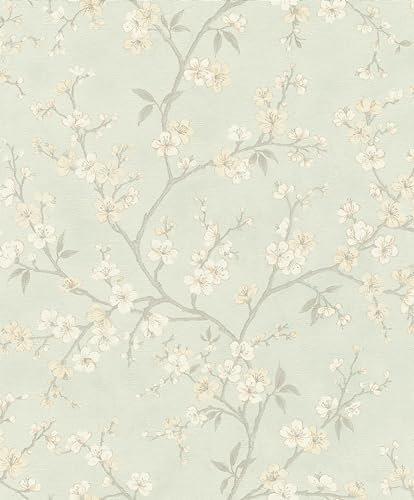 Rasch Papier peint 456769 - Papier peint non tissé vert clair avec de petites fleurs délicates en beige et blanc de la collection Country Charme