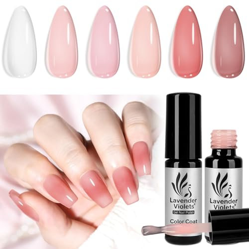 Lavender Violets 6 Pcs Gel Nail Polish Nude Jelly Colours Transparent White Pink Brown French Nail Polish Starter Kit DIY Salon Manicure Gift for Woman C204