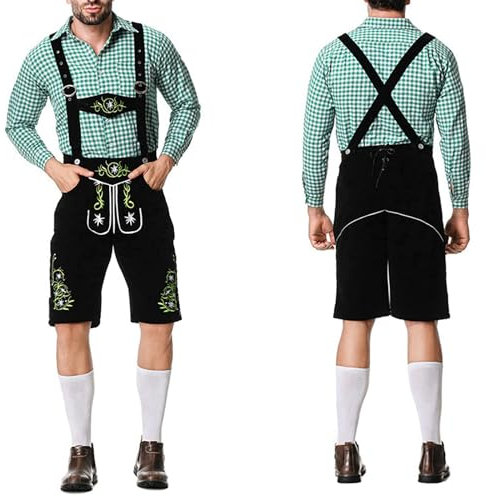 Lederhose Herren Tracht, Trachtenhose Herren Kurz Trachtenlederhosen für Herren inkl.Trachten Hemden mit Passenden Trägern Schwarz Bayerische Traditionelle Lederhosen Trachte Hose für Oktoberfest