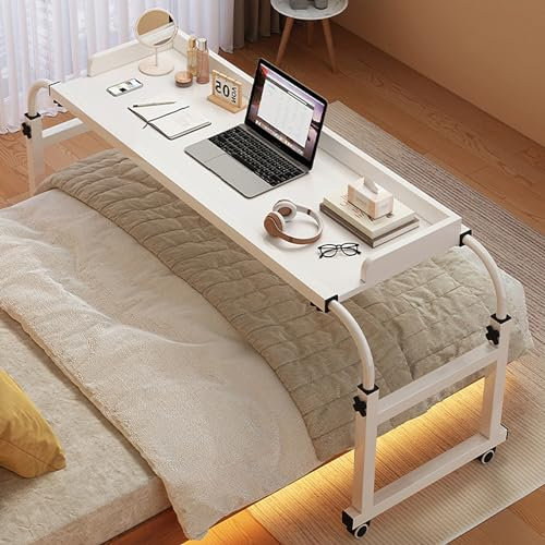 Mobiler Nachttisch mit Rollen, höhenverstellbarer Computertisch, Steharbeitsplatz, Essenstablett, Schreibtisch, rollender medizinischer Tisch für Einzel-/Doppel-/Queensize-/Kingsize-Bettrahmen