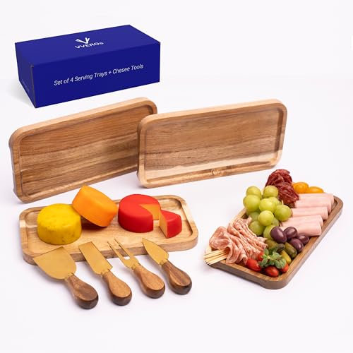 VVEROs Juego de bandejas de madera de acacia – Pequeños platos rectangulares de madera con herramientas de queso para alimentos, aperitivos y embutidos, ideal para reuniones, aperitivos y tabla de