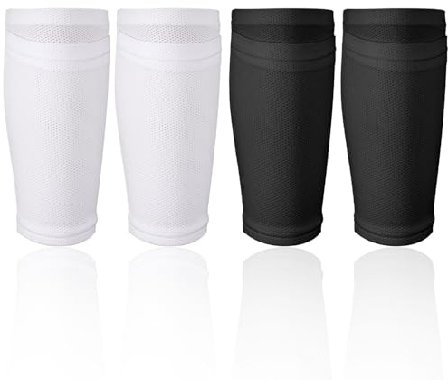 2 Pares Fundas para Espinilleras de Fútbol, Fundas para Calcetines Transpirables y Suaves para Espinilleras Flexibles para Adultos Adolescentes Niños y Principiantes Deporte (Negro, Blanco)