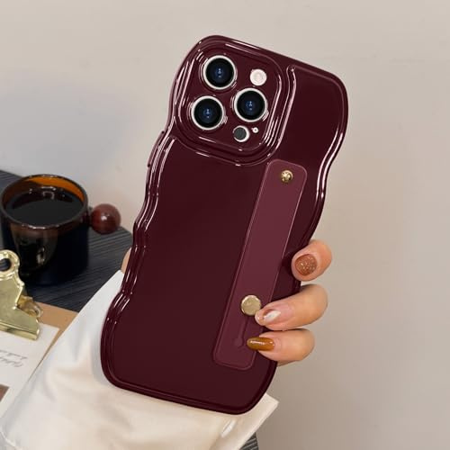 LAPOPNUT for iPhone 16 Pro Case, Wavy Frame Soft Silicone, Wine Red | Adjustable Strap Kickstand Finger Holder,Curly Aesthetic Girly Design, Cute Phone Cover for Women Girls, Camera Protection