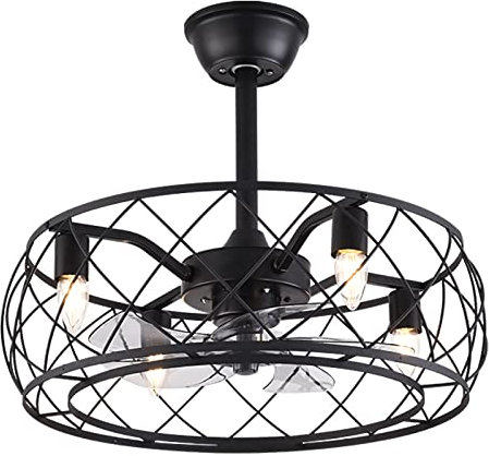 Ventilatore da soffitto industriale vintage con lampada per casa colonica camera da letto cucina soggiorno design basso profilo con luce a gabbia lampadina E27 e motore DC ad alta efficienza