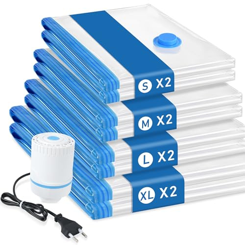 Vakuumpåsar kläder med elektrisk pump, 12 stycken - 5S (40 x 60 cm), 4M (50 x 70 cm), 3L (60 x 80 cm) - perfekt för filtar, täcken, kuddar, resor och flytt
