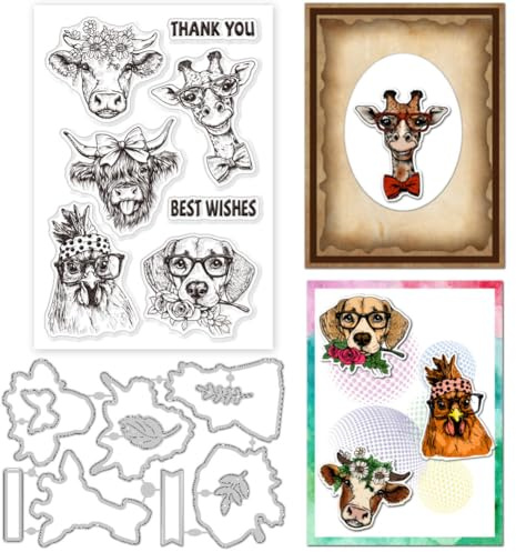 GLOBLELAND Funny Farm Animal Clear Stamps and Cutting Dies Dog Cow Chicken Giraffe Silicone Clear Stamps and Metal Die Cuts for Card Making Embossing Scrapbooking