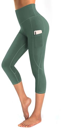 OUGES Damen Sport Leggings 3/4 High Waist Capri Leggins Yogahose Blickdichte Sporthose mit Taschen (Grün-20inch,L)