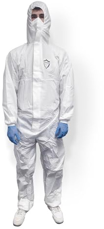 OneProtek Engångsskyddsoverall, typ 5-B/6-B, kemiskt skydd, ekologisk, gör-det-själv, målning, dragkedja med klaff, storlek 2XL, vit (1 st), Vitt och blått, XXL
