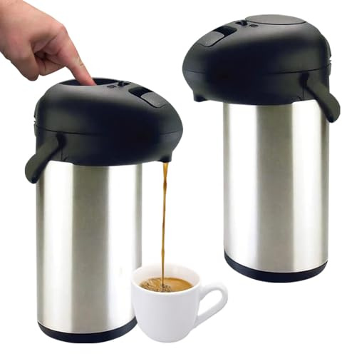 Set of 2 Pump Action 5L Airpot - Stainless Steel Teapot Infuser | Tea & Coffee Carafe Pump Action Air Pot Dispenser | for Hot Drinks, Soup Drinks, 5 Litre Travel Jug with Carry Handle & Safety Lock
