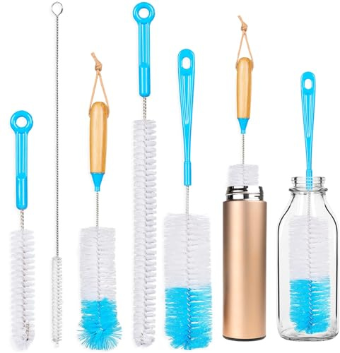 Lot de 5 brosses à biberon, à long manche, tête à pompon moelleuse, universelles, pour le nettoyage en profondeur des gourdes, biberons, verres, thermos, pailles