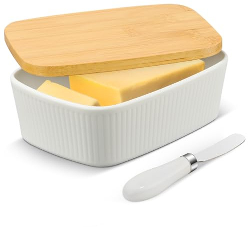 Beurrier avec couvercle et couteau, récipient à beurre en céramique de grande capacité de 640 ml, beurrier vertical pour comptoir ou réfrigérateur, cadeau parfait pour les amateurs de cuisine et les