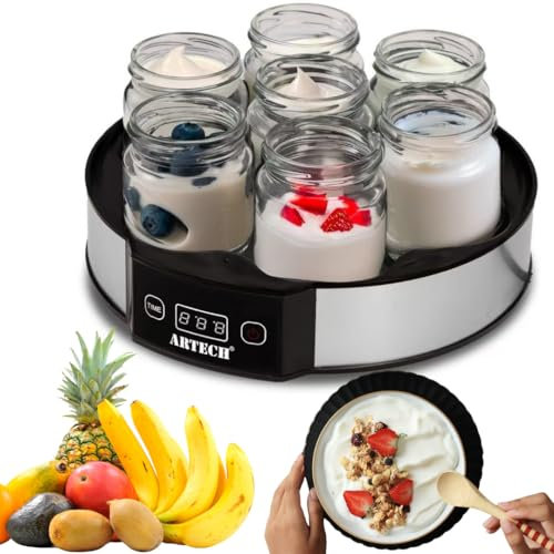 Trendi Digital Yoghurt Maker with 7 Glass Jars – Electric, Compact, Stainless Steel Yogurt Maker Machine with LED Display & Timer – 180ml Glass Containers – for Fresh, Healthy Homemade Desserts