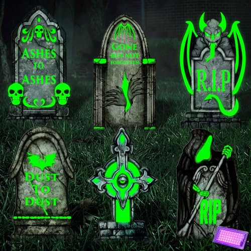 JOYIN 42cm Halloween-Dekorationen für den Außenbereich, Fluoreszierende Grabsteine für den Friedhof, 7 Stück, im Dunkeln Leuchtend mit Schwarzlicht-Scheinwerfer, Grabstein mit 12 Metallpfählen