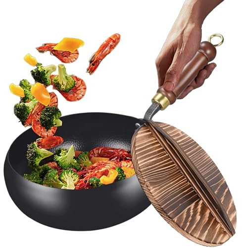Genérico Wok Grande - Sartén De Hierro Tradicional,Diseño Ergonómico Sin Recubrimiento Con Tapa - Para Uso En Hogar, Exteriores, Restaurantes Y Camping