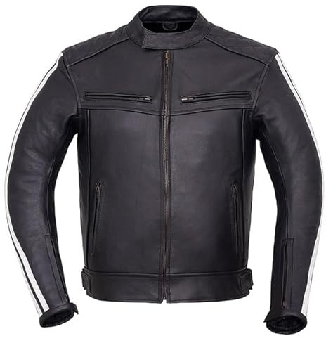 Jet Giacca da moto da uomo in pelle nera rimovibile armatura Cafe Racer Style Racing Stripes vera pelle bovina giacca protettiva con prese d'aria e polsini con cerniera ROADLINE, bianco, XL