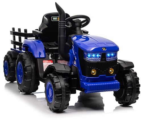 Garvee Trattore elettrico da 12 V con rimorchio, trattore per bambini con musica, clacson e funzioni USB, veicolo per bambini con fari, adatto per bambini