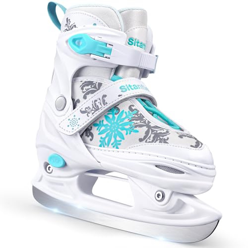 Snowflake Adjustable Girls Ice Skates, Kids Ice Hockey Skates for Girls Boys Youths, Beginner Ice Skating Shoes with Soft Padding and Reinforced Ankle Support, Suitable Outdoor and Rink, White