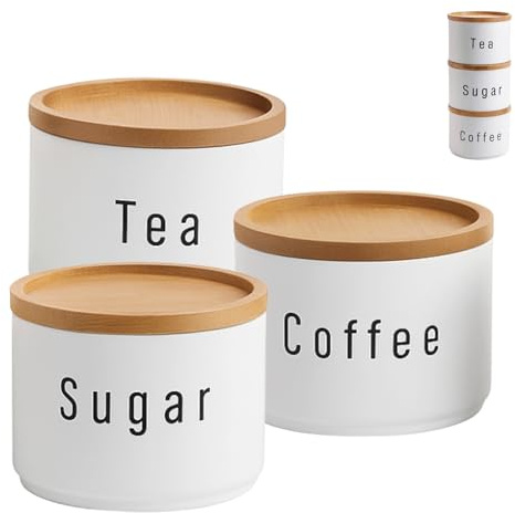 Set de 3 Botes de Cocina de Metal con Tapas de Bambú-Recipientes Apilables para Café, Azúcar y Té-Herméticos, Decorativos, Resistentes y Modernos para Almacenamiento de Alimentos en Despensa y Cocina