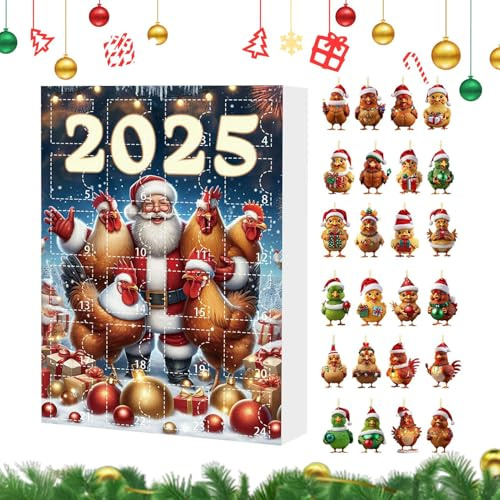 Ornement de Noël de l'Avent - Pendentif 2D en acrylique - Poussin à suspendre - Compte à rebours 24 jours - Calendrier 2025 - Charme animal - Décoration pour la maison, la voiture, le miroir intérieur