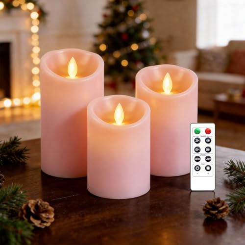 AnnSpa 3 Set LED Kerzen Batteriebetriebene mit Fernbedienung Flammenlose Echtes Wachs Flackern Moving Wick Flackern Amber elektrische Kerzen für Herbst Halloween Thanksgiving Dekorieren - Rosa