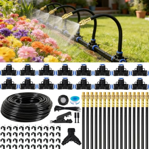Irrigation System Kit, Automatic Drip Garden Watering System with Quick-Connect 30M / 100FT Hose, 16PCS 360° Adjustable Brass Nozzles for Lawn, Garden, Plants & Greenhouse
