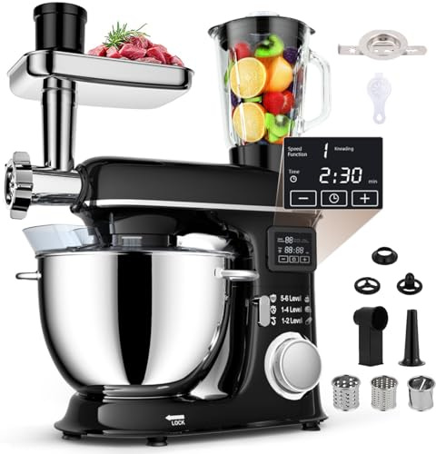 Robot pâtissier électrique 8 L, 8 en 1 avec affichage LED, 6 vitesses, tête inclinable, bol en acier inoxydable, hachoir à viande, crochet pétrisseur, fouet, accessoire pour pâtes