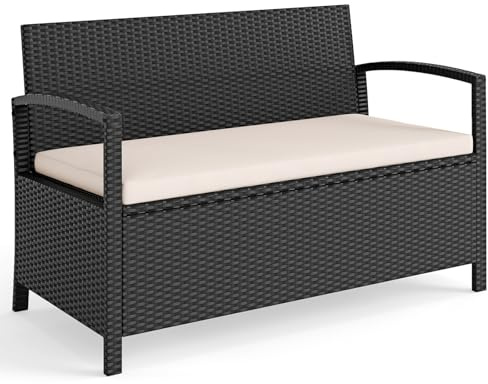 COSTWAY Panca Contenitore da Giardino 160L/175L, Divanetto 2 Posti in Rattan PE con Cuscino Imbottito, Baule da Esterno Struttura in Metallo, per Patio Balcone, Portata 360 kg (Bianco, 160 L)